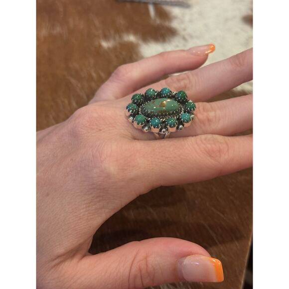 Native American 925 SW Sterling Silver & Green Turquoise Cluster Ring🌵Snake Eye - Picture 7 of 11